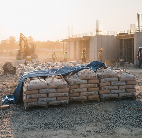 Bags of cement stacked on pallets