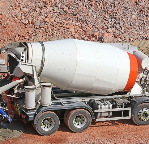 A concrete mixer truck